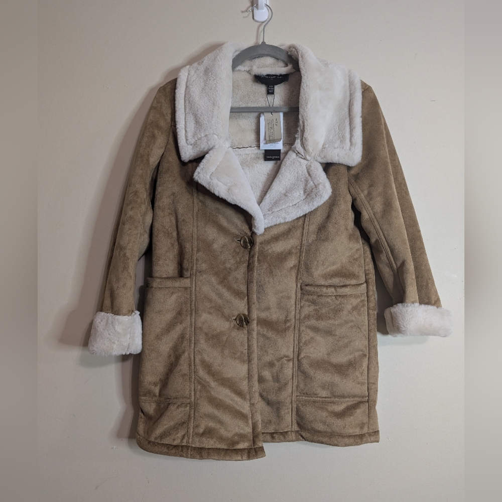 Banana Republic Women's Petite Vegan Shearling Lined Whiskey Tan Beige Coat XXS
